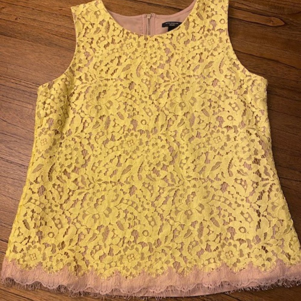 Ann Taylor Yellow Lace Sleeveless Blouse with Pink Underlay